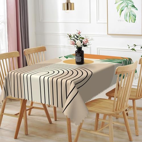 TTQYFNM 52x70inches Mid Century Bohemian Tablecloth Abstract Geometric Orange Sun Green Leaves Modern Table Cloth Durable Polyester Fabric Table Cover for Dining Room Kitchen Patio Indoor Outdoor Use
