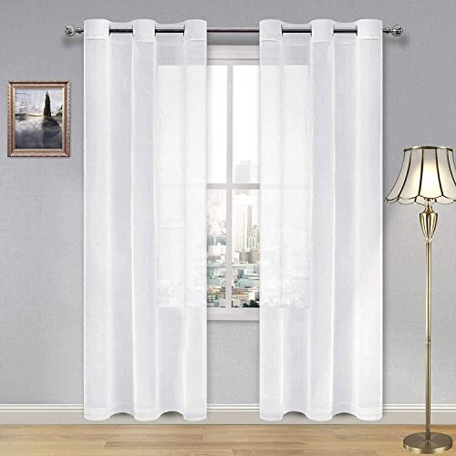 DWCN White Faux Linen Sheer Curtains - Grommet Voile Window Curtain Drapes for Bedroom Living Room 42 x 84 inch Length, Set of 2