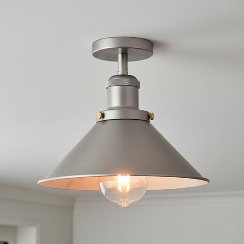LEDSone Vintage Semi Flush Ceiling Light 22cm Satin Nickel Metal Cone Shade E27 Ceiling Lamp for Kitchen Hallway Bedroom Living Room Retro Flush Mount Lighting No Bulb