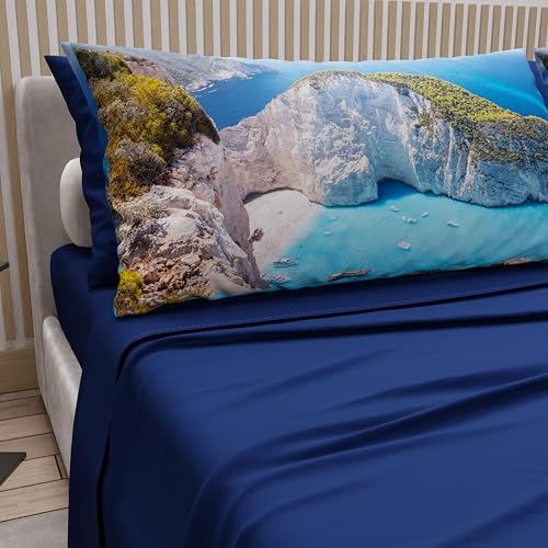 PETTI Artigiani Italiani - Cotton Sheets with Pillowcases in Digital Print, Double Sheet, Zante Design Bed Set, Electric Blue, 100% Made in Italy