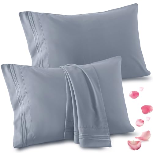 Vonty 2 Pack Grey Standard Pillowcases, 20x26, 1800 Microfiber - Envelope Closure No Hair Tangles, Embroidered Design, Breathable Moisture-Wicking, Gentle on Hair & Skin, Machine-Washable