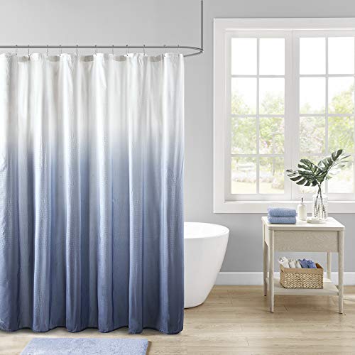 "Madison Park Ara Bathroom Shower Seersucker Ombre Design Modern Privacy Bath Fabric Curtains, 72""x72"", Blue"