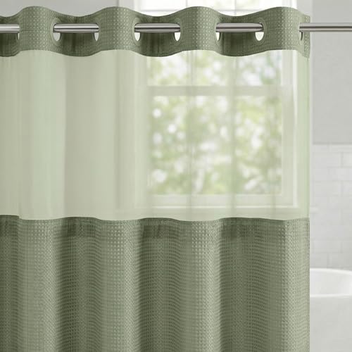 Americanflat 72x75 Hookless Waffle Pattern Shower Curtain - Water-Resistant Long Shower Curtain with Sheer Panel, Snap-in Liner, and Durable Grommets - 100% Polyester - Green