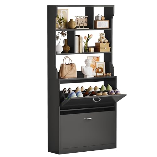 IRONCK Shoe Cabinet with 2 Flip Drawers, Slim Shoe Storage Cabinet, Freestanding Shoe Rack Cabinet with 3-Tier Open Shelves, Wooden Shoe Cupboard for Hallway, Entryway, Living Room, 80x24x165CM, Black