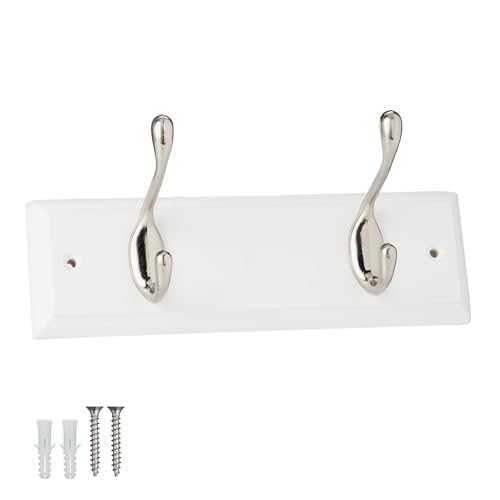 Keypak White Wooden Wall Mounted Coat Rack with 2 Satin Nickel Coat Hooks