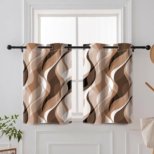 DORCEV Brown Blackout Window Curtains for Living Room Bedroom Decor Coffee Tan Abstract Geometric Wave Lines Window Drapes Modern Minimalist Kitchen Patio Window Treatments,26x36 inch,2 Panels