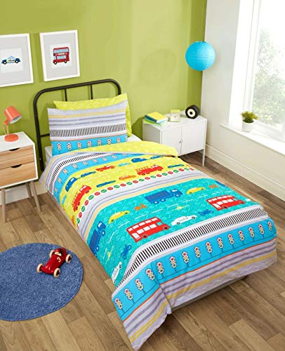 Cars Transport Vehicles Lorries Truck Planes Trains Boys Kids Children’s Duvet Cover Bedding Set Single Size (135 x 200 cm))