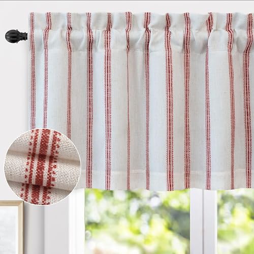 DriftAway Farmhouse Linen Valance Rod Pocket 1 Panel, W52xL24, Red - 2 Layers, Lined, Room Darkening, Vertical Striped, Thermal Insulated, Window Treatment, Home Decor, Kitchen, Living Room