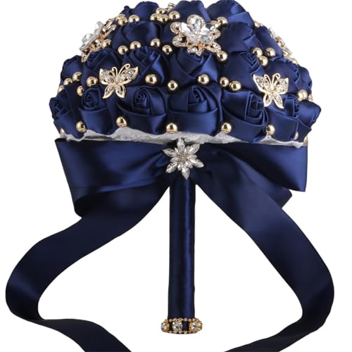 "TUAGYMKR Bridal Wedding Bouquet for Bride Bridesmaid Wedding Quinceanera Throw Toss Artificial Rose Flower Bunch with Bling Brooch (66#Navy, Mini (Dia. 6.3""/16cm))"