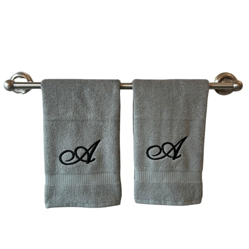 Gray Monogrammed Hand Towels for Bathroom - Luxury Hotel Quality Personalized Initial Embroidered Towel for Powder Room, Spa - GOTS Organic Certified - Set of 2 Black Letter A
