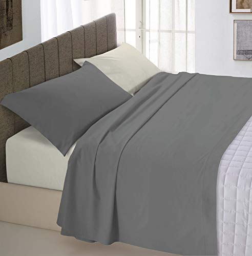 Italian Bed Linen Natural Colour Bed Sheet Set, Cotton, Dark Grey/Cream, Single