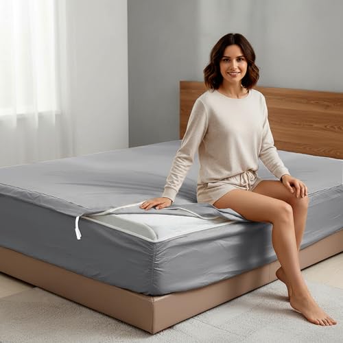 "Zipper Fitted Sheet Queen-1 Base 16""+ 2 Zip On Sheets Cotton Silver Grey - Zipper Sheets, Zip Up Sheets,Upto 16??? in. Deep (60X80) Zipper Fitted Sheet Easy to Change and Install - Silver Grey"