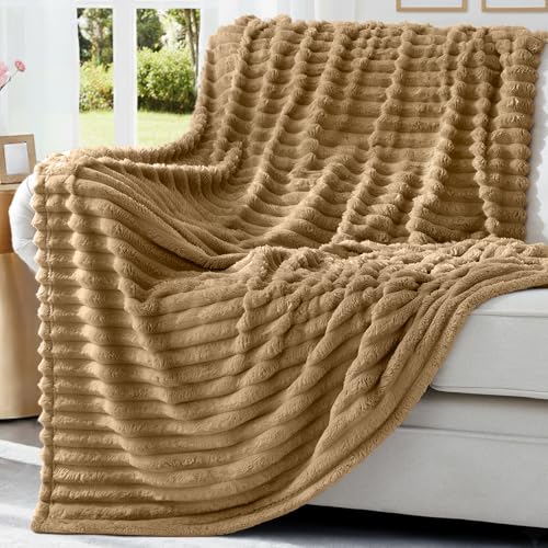 decorUhome Brown Fleece Twin Blanket 60x80 Inches - Soft Couch Cozy Fluffy Plush Flannel Striped Blanket for Sofa Bed, Lightweight Decorative Ribbed Fuzzy Blanket for Woman
