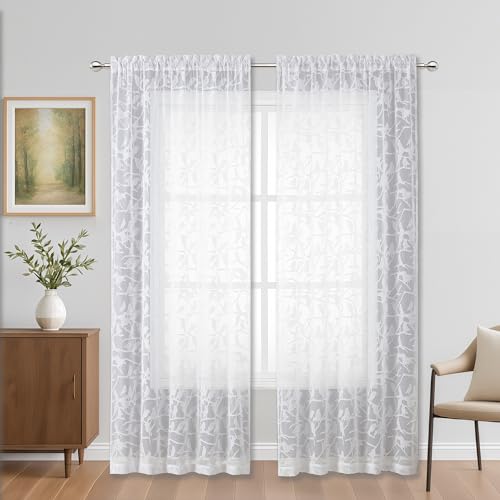 OVZME White Sheer Curtains 84 Inches Long 2 Panels, Airy Voile Jacquard Bird Textured Curtains, Semi Sheer Farmhouse Rod Pockets Curtain Drapes for Bedroom Living Room, 52W x 84L