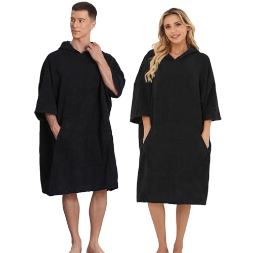Avisiatree Surf Poncho Hooded Towel for Adults Quick Dry Beach Changing Robe with Pockets, Unisex Swim Cover-Up, Black Bath Towel for Surfers & Swimmer Gifts