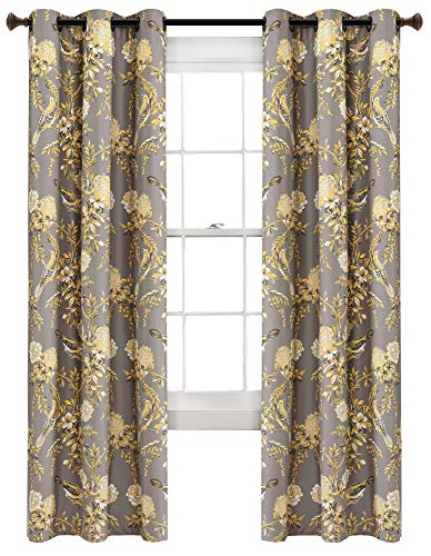 "Lush Decor Farmhouse Bird and Flower Insulated Grommet Blackout Window Curtain Panel Pair, 84"" x 38"", Gray and Yellow"