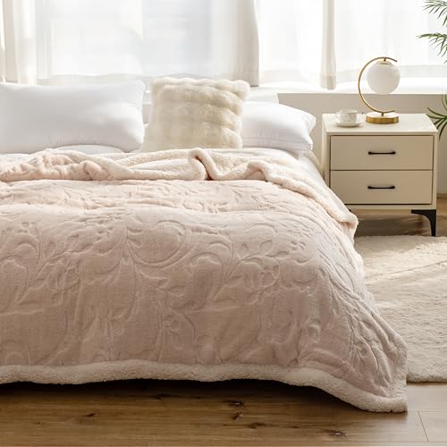UKELER Sherpa Fleece Blanket 60 ?? 80 inch, Ultra Soft Twin Size Throw Blanket for All Season, Cozy Plush Floral Throw Blanket for Bed Couch Sofa Office Camping, Off-White