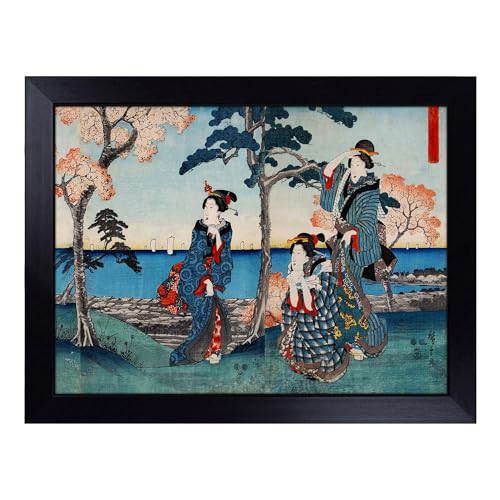 Lap Tray with Bean Bag Cushion, Hiroshige Japanese Oriental Art - Handmade in the UK, Raised Wooden Edge, Padded Cushion, Heat-Resistant Wipe-Clean Surface, for Meals, Laptops and Crafts