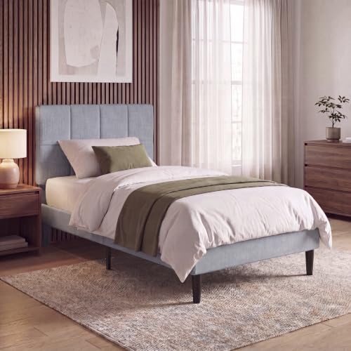 Vida Designs Velmora Single Fabric Bed Frame - Light Grey Linen - 101-110H x 97.5W x 195.5D cm - Soft Cushioned & Adjustable Headboard - Underbed Storage - Slatted Base - Minimalist Style