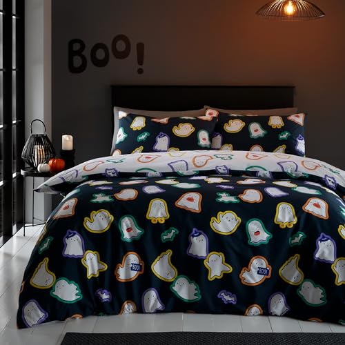 Catherine Lansfield Halloween Ghosts Reversible King Duvet Cover Set with Pillowcases Black