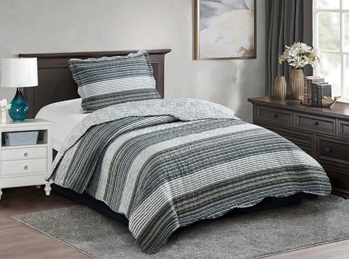 "Brilliant Sunshine Multi Grey Stripes Patchwork Quilt, Twin Size - Soft Reversible Bedspread, Lightweight Coverlet with Sham, Washable Bedding Set, All Seasons, 68""x90""+1 20""x26"""