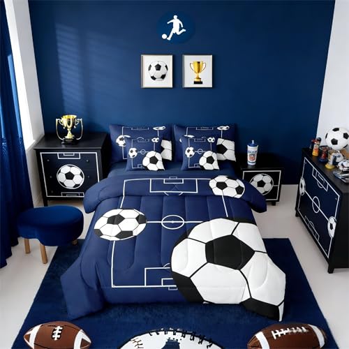 Erosebridal Football Bedding Set Queen Size 7 Pieces Boys Sports Theme for Teens Soccer Ball Pattern Bed in a Bag Football Court Comforter Set with Sheets Playground Blue White for Kids Girls
