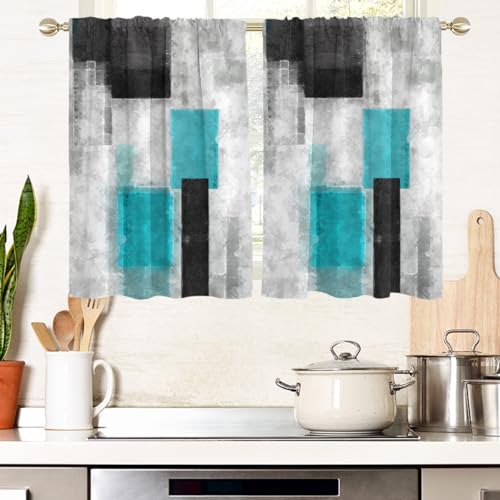 "AAtter Teal Black and Grey Window Curtains for Kitchen Turquoise Aqua Gray Silver White Art Small Short Home Living Room Bedroom Bathroom Drapes Treatment Tiers Fabric 1 Pair, 27.5"" W x 39"" L, Modern"