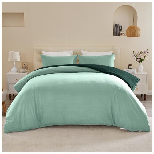 GC GAVENO CAVAILIA Single Duvet Cover Sets - Super Soft Reversible Plain Bedding & Linen Set with Pillowcase - Breathable Lightweight Polyester Quilt Cover (135 x 200 Cm) - Sage Green/Dark Green