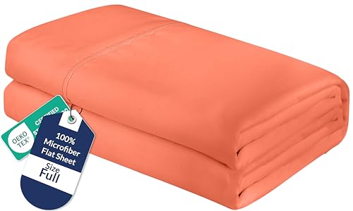 Royale Linens Full Flat Sheet - Ultra Soft Brushed 1800 Microfiber Flat Sheets Only - Wrinkle Free & Stain Resistant - Hotel Quality Top Sheet for Bed (Full, Coral)