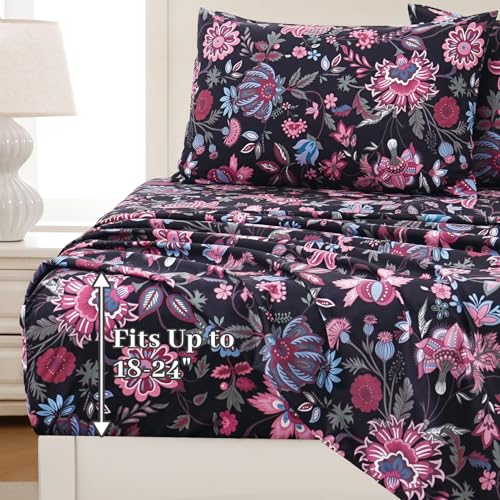 MEISHANG King Sheet Set - Ultra Soft Floral Sheets Extra Deep Pocket Brushed Microfiber,1800 Thread Count Floral Bed Sheets Oeko-Tex Certificated - Black Red
