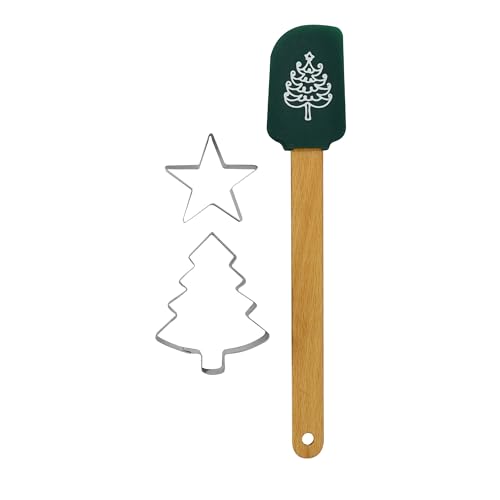 Zenker Christmas Baking Set, Silicone Spatula & 2 Cookie Cutters - Xmas Tree & Star, Non-stick Non-Scratch Spatula with Xmas Tree Motif, Stainless Steel Cutters, Green Spatula & Silver Cutters
