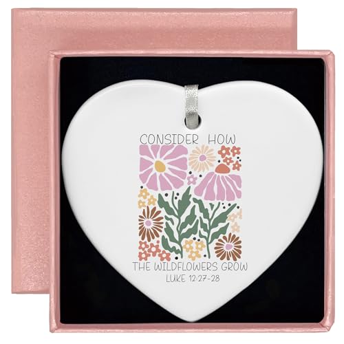 Heart Shaped White Ceramic Ornament-Christian Scripture Bible Verse Gift for Women Girls-Inspirational Affirmation Consider How The Wildflowers Grow Religious Ceramic Keepsake Decor
