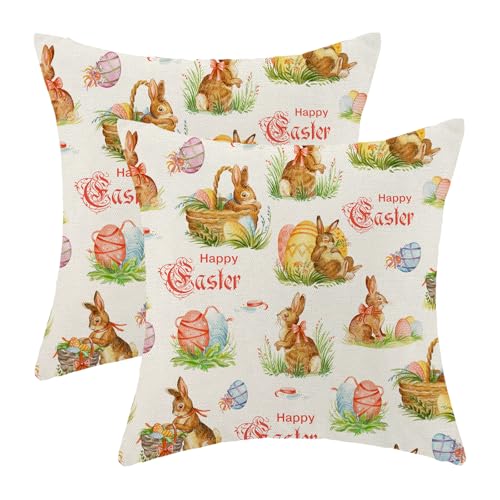 Sorktse Easter Pillow Covers 18x18 Inch Happy Easter Eggs Bunny Throw Pillow Covers Set of 2 Farmhouse Spring Rabbit Pillowcases Outdoor Decor for Living Room Bedroom Linen Cushion