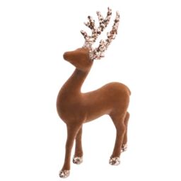 Christmas Velvet Reindeer Figurine 23cm - Dusky Brown Flocking Deer Ornament with Sequin Glitter Antlers - Festive Table Decoration for Mantel, Shelf, Centerpiece and Home Décor
