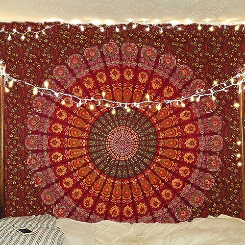 Bless International Handmade Indian hippie Bohemian Psychedelic Peacock Mandala Wall hanging College Dorm Beach Throws Table Cloth Bedding Tapestry (Maroon Yellow, Queen(84x90Inches)(215x230Cms))