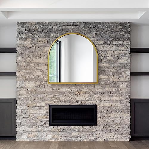 MirrorOutlet Arched Modern Gold Large Arched Metal Modern Wall Mirror: 100 x 100cm - Suitable for Bedroom, Living Room, Dressing Room, and Living spaces.