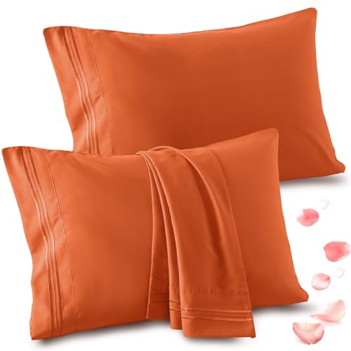 Vonty 2 Pack Burnt Orange Standard Pillowcases, 20x26, 1800 Microfiber - Envelope Closure No Hair Tangles, Embroidered Design, Breathable Moisture-Wicking, Gentle on Hair & Skin, Machine-Washable