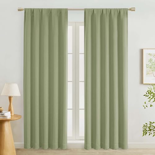 "Lecloud Sage Green Room Darkening Curtains 84 Inches Long 2 Panels Set, Solid Thermal Insulated Rod Pocket Window Treatments, Solid Curtain Drapes for Bedroom Living Room, 50"" W x 84"" L"