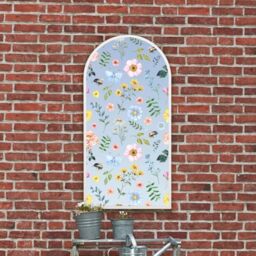 "MirrorOutlet The Typis - White Metal Frame Edged Modern Round Arch Edge Garden Wall Mirror With Colour Flower Printed Decal 47"" x 24"" (120CM X 60CM) Silver Mirror Glass with White Frame"
