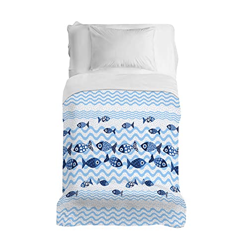 PENSIERI DELICATI Bedspread 220 x 280 cm, 100% Cotton Pique Single Sheet, Ideal as a Furnishing Towel, Double Bed Blanket, Blue Fish Design, 100% Made in Italy