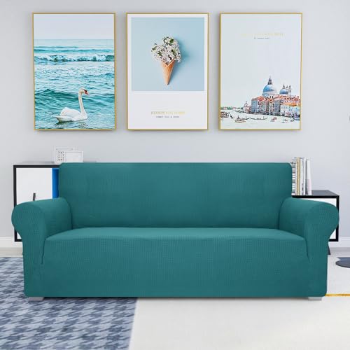 JIVINER High Stretch Couch Covers for 3 Cushion Couch 1-Piece Jacquard Elastic Sofa Slipcovers Anti Slip Sofa Cover with Elastic Bottom Furniture Protector for Kids Pets (Sofa, Blakish Green)