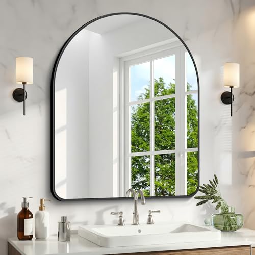 "Arched Bathroom Mirror, 30""x36"" Black Arched Mirror for Bathroom, Wall Mounted Mirror, Black Vanity Wall Mirror w/Metal Frame for Bedroom, Entryway, Living Room, Hanging or Leaning Against Wall"
