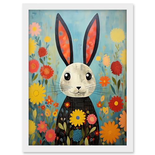 Artery8 Funny Bunny Illustration Modern Floral Rabbit Animal Artwork for Kids Bedroom or Baby Nursery Artwork Framed A3 Wall Art Print