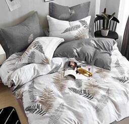 SLEEPBELLA Duvet Cover Set King Size White & Grey Leaf 100% Cotton Reversible Botanical Comforter Cover 3 Pcs
