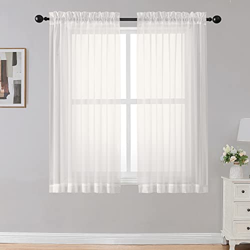 "OWENIE Sheer Curtains Living Room 54 inches Long, Rod Pocket Curtain Sheers Bedroom, Light Filtering Voile Panels Drapes Basement Small Window Treatments 2 Panels, 42"" W x 54"" L, Ivory"