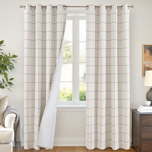 Lajode Plaid Linen Blackout Curtains for Living Room - Farmhouse Gingham Patterned Grommet Modern Cottage Window Treatments Thermal Insulated Boho Rustic Checkered Drapes, 52x84 Inch 2 Panels, Navy