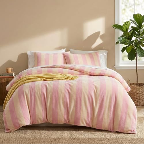 Bedbay Pink Striped Comforter Set King Size Luxury Velvet Bedding Quilt Soft Velvet Fluffy Comforter Sets Pink Yellow Stripes Pattern King Bed Set for All Seasons