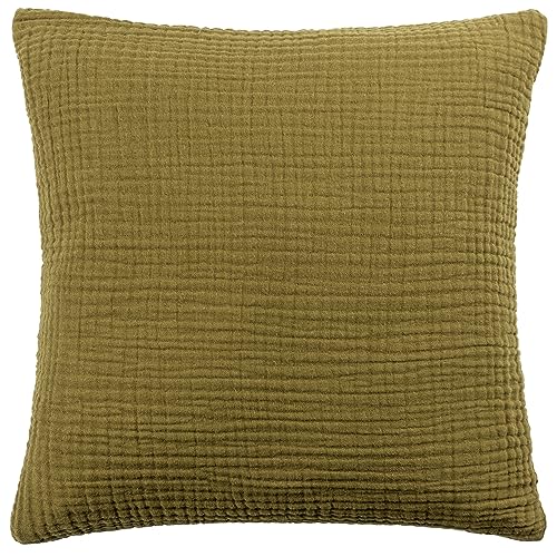 Yard furn Lark Polyester Filled Cushion – Soft Minimalistic Textured Muslin Cotton Decorative Pillow (Khaki – 45x45cm)