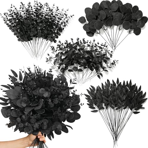 Alecono 100pcs 4 Kinds Artificial Eucalyptus Leaves Stems Bulk, Mixed Faux Greenery Leaves for Party Decor DIY Vase Bouquet Floral Arrangement (Black)