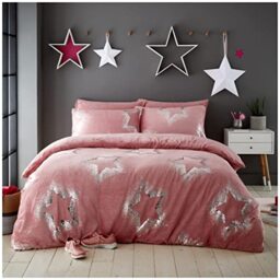 GC GAVENO CAVAILIA Luxury Teddy Sparkling Stars Duvet Set, Premium Cuddly Warm Fluffy Fur Fleece Quilt Bed Cover Set, Double, Blush Pink